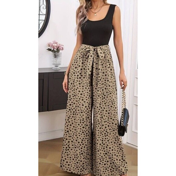 AlunaLevi Palazzo Pant Jumpsuit Womens Small Tank Sleeveless Cheetah Spotted NWT - Picture 1 of 10